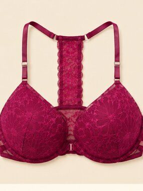 Victoria's Secret Front Close Racerback Lace Bra 36C Magenta Feminine Push Up